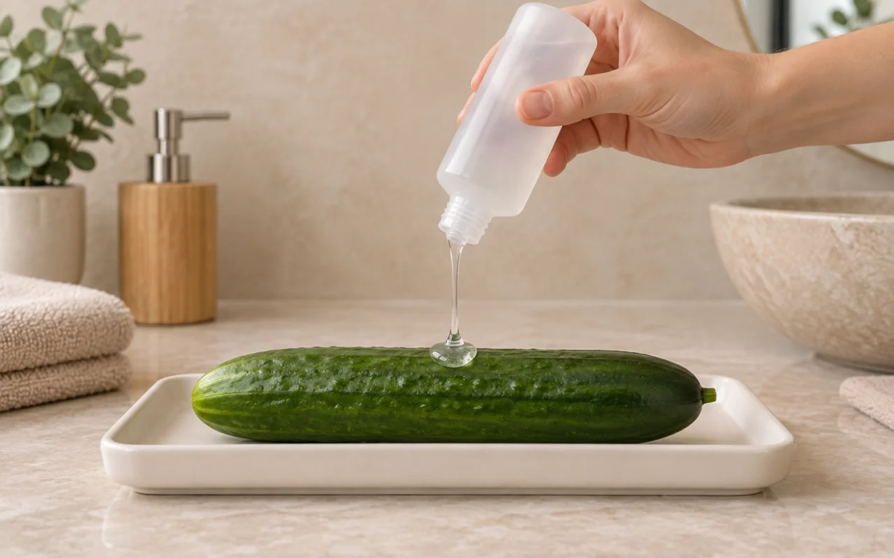 Eine Hand lässt transparentes Gleitgel aus einer unbeschrifteten Flasche auf eine Gurke fließen.