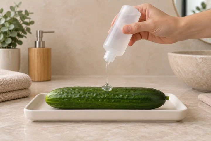 Eine Hand lässt transparentes Gleitgel aus einer unbeschrifteten Flasche auf eine Gurke fließen.