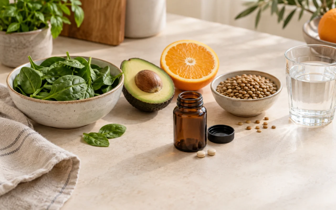 Spinat, Avocado, Orange und Linsen neben einem neutralen Vitaminfläschchen und einem Glas Wasser.