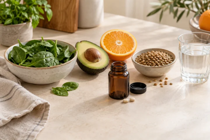 Spinat, Avocado, Orange und Linsen neben einem neutralen Vitaminfläschchen und einem Glas Wasser.