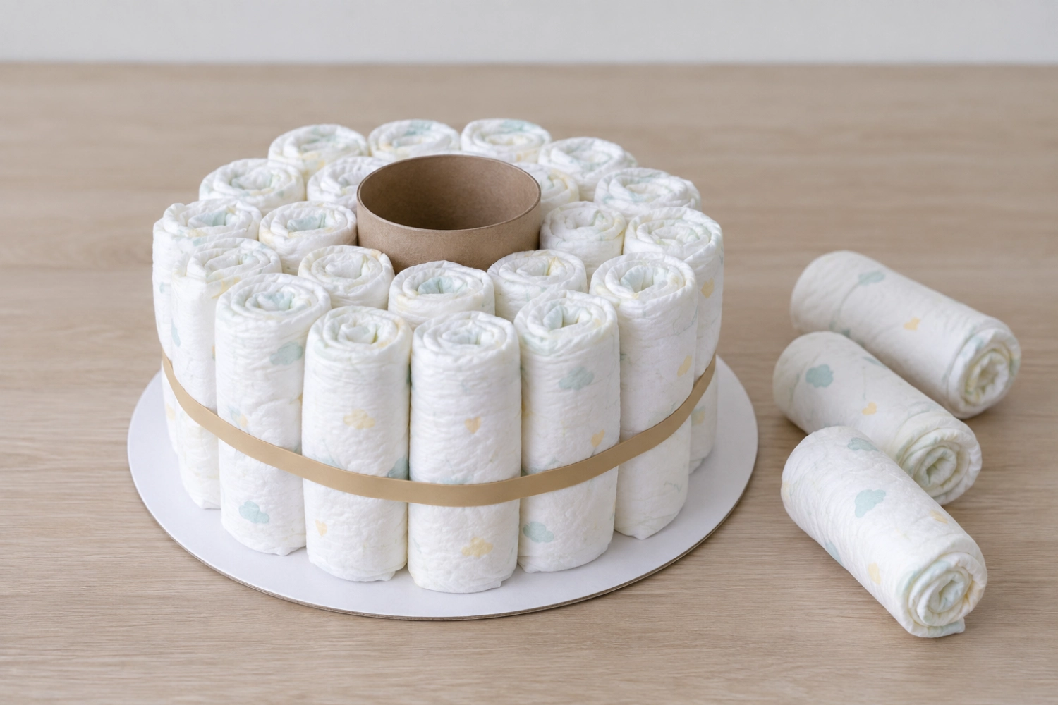 Erste Etage einer Windeltorte mit gerollten Windeln rund um eine Papprolle