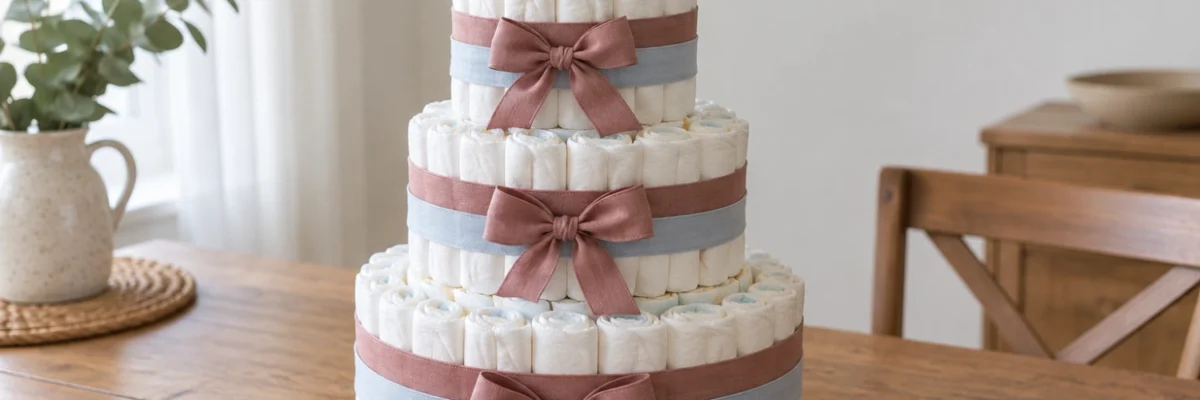 Fertige dreistöckige Windeltorte mit rosa und hellblauen Stoffbändern und kleinem Kuscheltier