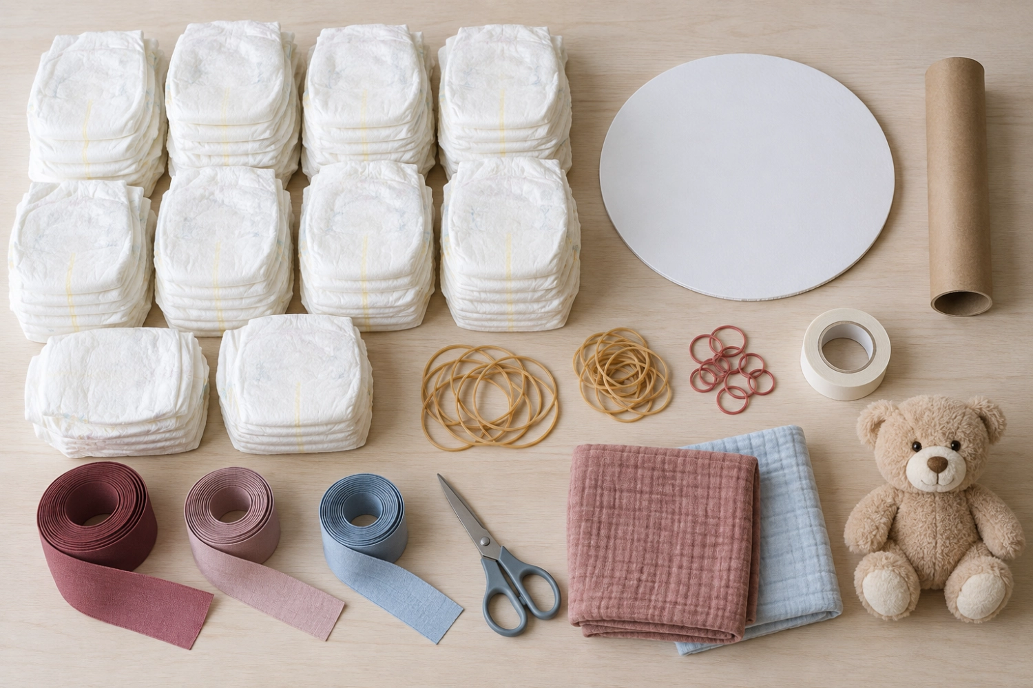 Material für eine Windeltorte: Windeln, Tortenplatte, Bänder, Gummibänder, Papprolle, Mulltücher und Kuscheltier